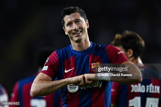 Robert Lewandowski of FC Barcelona celebrates after scoring their team's second goal during the UEFA Champions League match between FC Barcelona and...