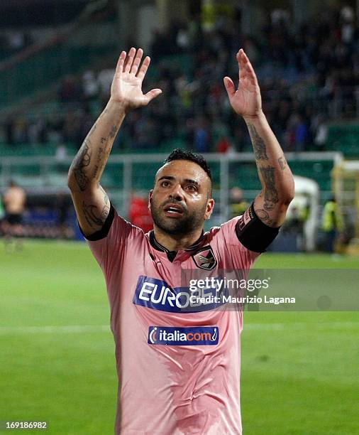 Fabrizio Miccoli of Palermo salutes his fans after the Serie A match between US Citta di Palermo and Parma FC at Stadio Renzo Barbera on May 19, 2013...