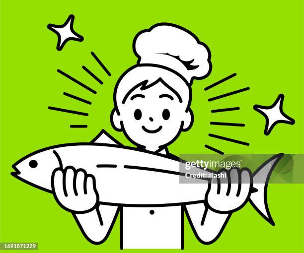 a chef boy holds a big fish, looking at the viewer, minimalist style, black and white outline - foodie stock illustrations