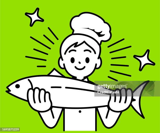 a chef boy holds a big fish, looking at the viewer, minimalist style, black and white outline - white fish dinner stock illustrations