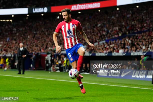 Saul Ñiguez central midfield of Atletico de Madrid and Spain controls the ball during the LaLiga EA Sports match between Atletico Madrid and Real...