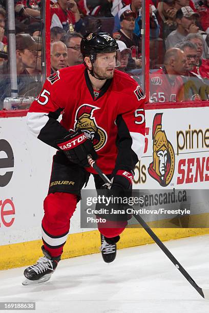Sergei Gonchar of the Ottawa Senators skates in Game Three of the Eastern Conference Semifinals against the Pittsburgh Penguins during the 2013 NHL...