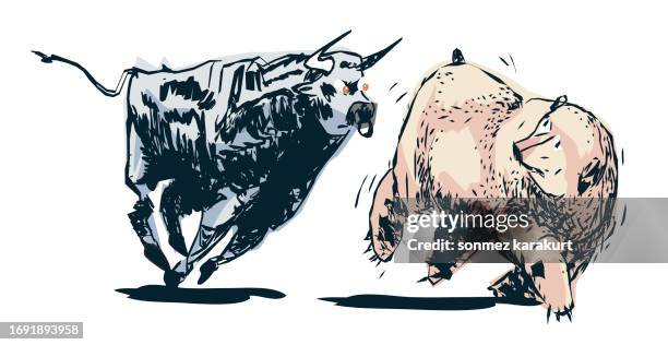 bulls and bears in a running race in the stock market - bull bear stock illustrations