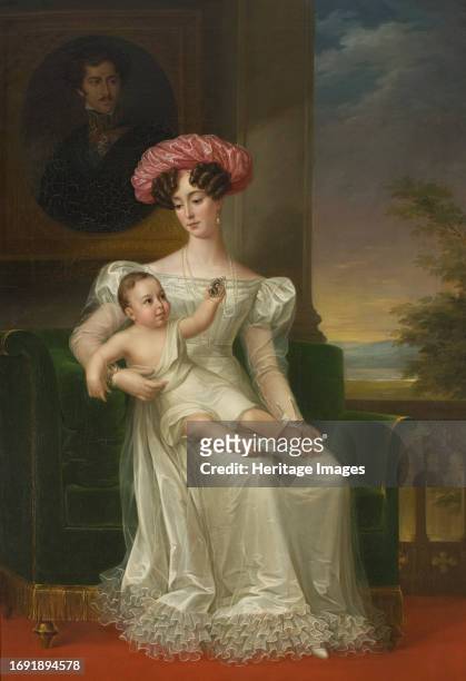 Josefina Maximiliana Eugenia Napoleana, 1807-1876, Queen of Sweden, with son Karl , 1826. Creator: Fredric Westin.