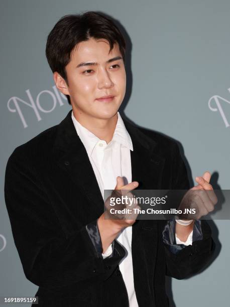Oh Se-hun of K-pop boy group EXO attends the photo call for "NOICE" pop-up store opening event at D flat seongsu on September 14, 2023 in Seoul,...