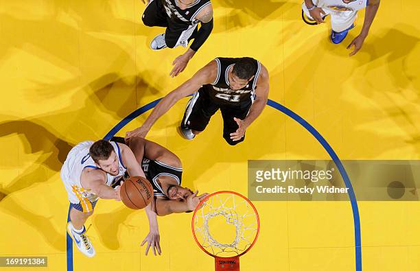 David Lee of the Golden State Warriors shoots a layup against Boris Diaw of the San Antonio Spurs in Game Six of the Western Conference Semifinals...