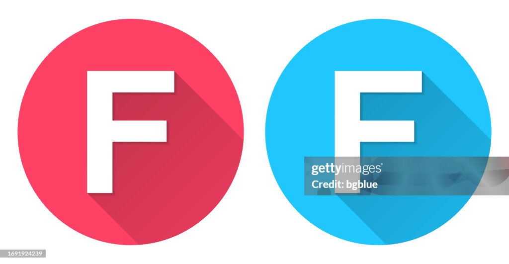 文字 F. 赤または青の背景に長い影を持つ丸いアイコン
