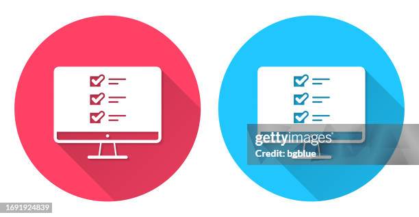 desktop computer with checklist. round icon with long shadow on red or blue background - using desktop computer at home stock illustrations