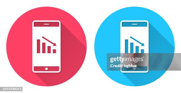 decreasing chart on smartphone. round icon with long shadow on red or blue background - decrease infographic stock illustrations