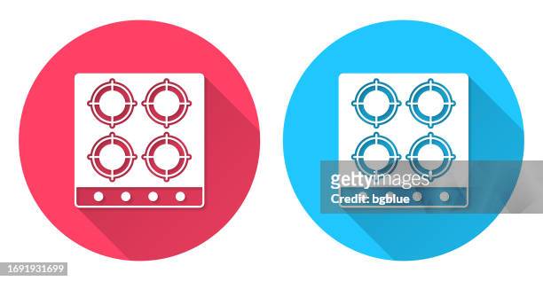 gas stove - top view. round icon with long shadow on red or blue background - gas stove burner stock illustrations
