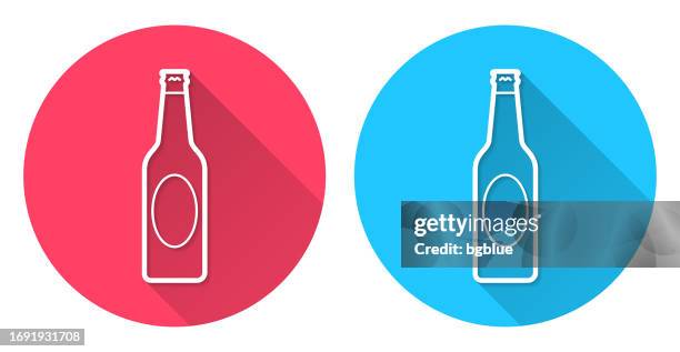 beer bottle. round icon with long shadow on red or blue background - beer bottles stock illustrations