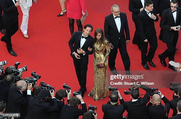 Adrien Brody and Lara Leito attend the 'Cleopatra' premiere during The 66th Annual Cannes Film Festival at The 60th Anniversary Theatre on May 21,...