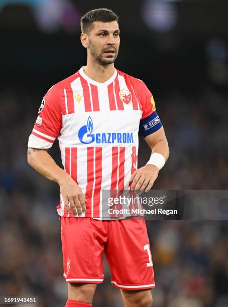 Aleksandar Dragovic of FK Crvena Zvezda in action during the UEFA Champions League Group G match between Manchester City and FK Crvena zvezda at...