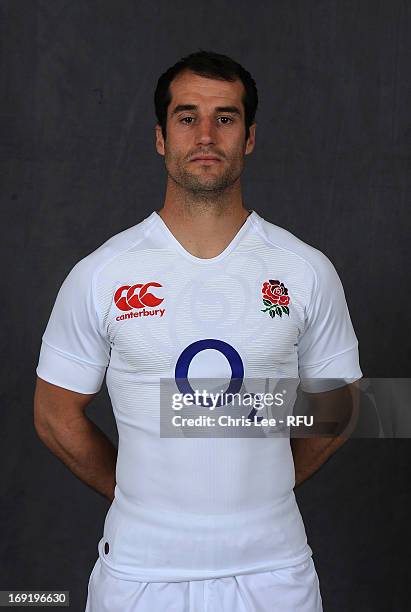 Haydn Thomas of England poses for a portrait during the England rugby union squad photo call at Pennyhill Park on May 21, 2013 in Bagshot, England.