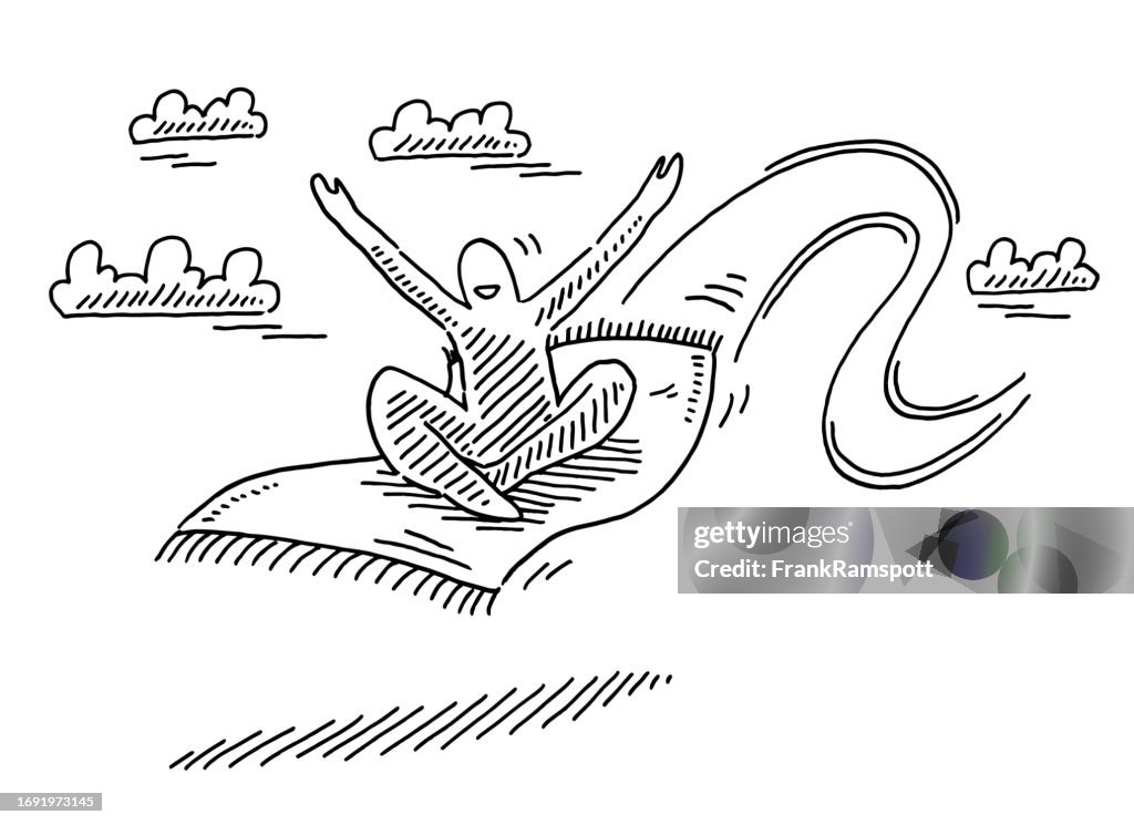 Happy Figure On Magic Carpet Flying Drawing