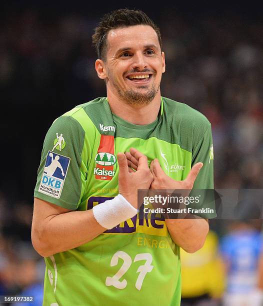 Ivan Nincevic of Berlin gestures during the DKB Bundeliga match between HSV Hamburg and Fuechse Berlin at O2 World on May 21, 2013 in Hamburg,...