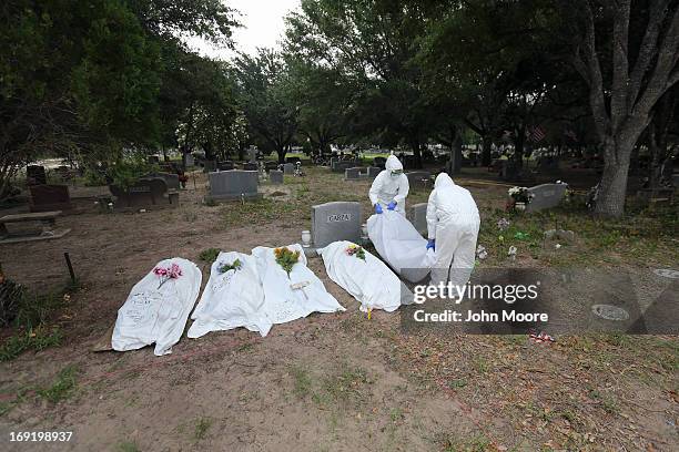 Forensic anthropology team from Baylor University place the remains of unidentified immigrants exhumed from a cemetery on May 21, 2013 in Falfurrias,...