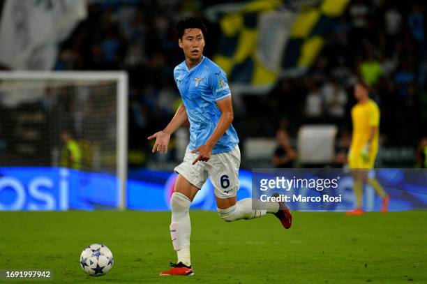 Daichi Kamada of SS Lazio during the UEFA Champions League match between SS Lazio and Atletico Madrid at Stadio Olimpico on September 19, 2023 in...