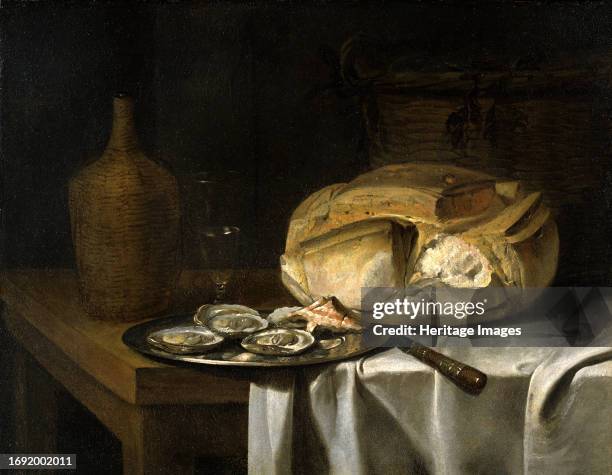 Still Life with a Loaf of Bread, Oysters and a Flask, circa 17th century. Creator: Unknown.