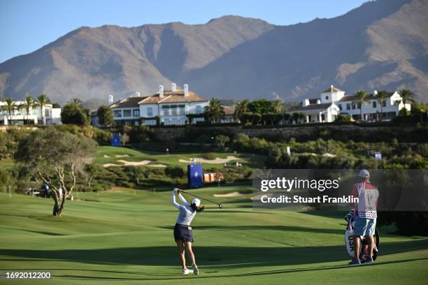 Rose Zhang of Team USA plays a shot during practice prior to the The Solheim Cup at Finca Cortesin Golf Club on September 20, 2023 in Casares, Spain.