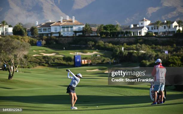 Rose Zhang of Team USA plays a shot during practice prior to the The Solheim Cup at Finca Cortesin Golf Club on September 20, 2023 in Casares, Spain.