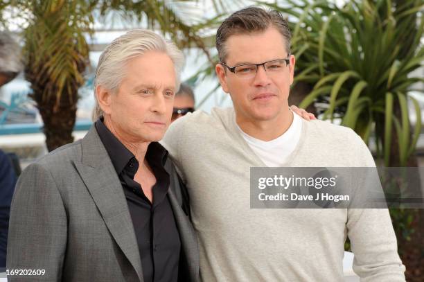 Actors Michael Douglas and Matt Damon attend the 'Behind The Candelabra' Photocall during The 66th Annual Cannes Film Festival at the Palais des...