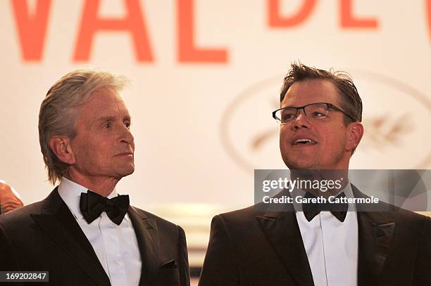 Actor Michael Douglas and actor Matt Damon attend the 'Behind The Candelabra' premiere during The 66th Annual Cannes Film Festival at Theatre Lumiere...