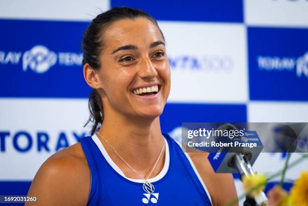 Caroline Garcia of France talks to the media on Day 3 of the Toray Pan Pacific Open at Ariake Coliseum on September 27, 2023 in Tokyo, Japan