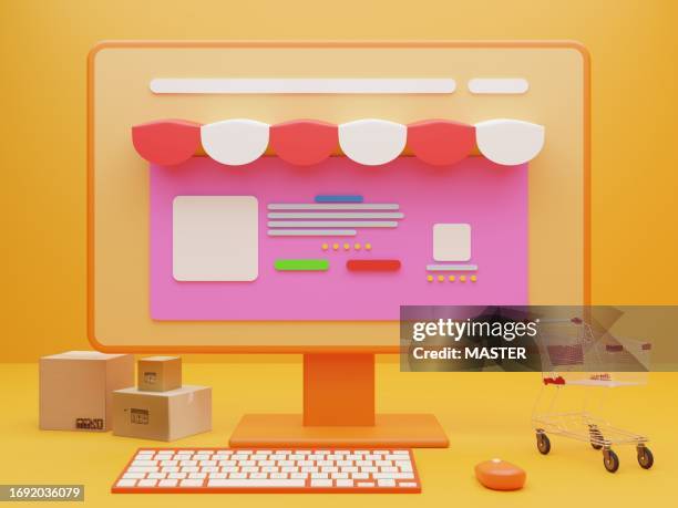 digital shopping on computer screen 3d concept - retail equipment stock pictures, royalty-free photos & images