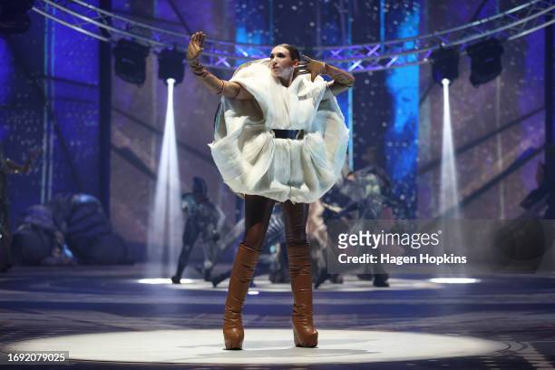 Caramel by Giancarlo Bello, Switzerland is modelled in the Avant-garde Section during the 2023 World of WearableArt Preview Show at TSB Bank Arena on...