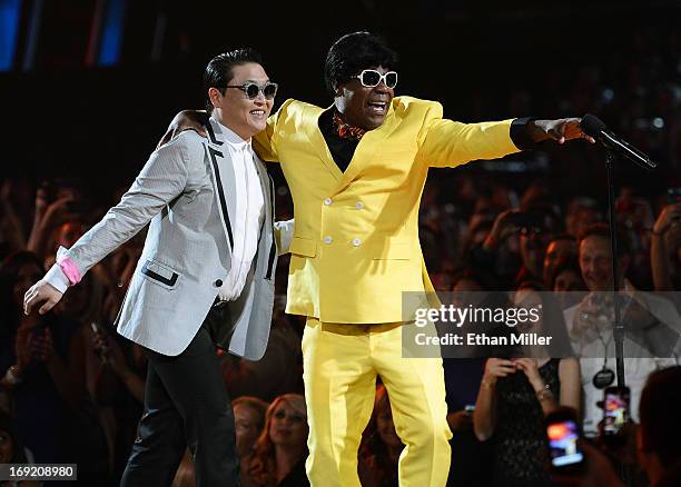 Rapper Psy and actor/comedian Tracy Morgan joke around at the 2013 Billboard Music Awards at the MGM Grand Garden Arena on May 19, 2013 in Las Vegas,...