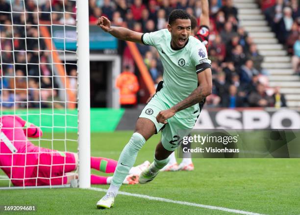 Levi Colwill of Chelsea celebrates scoring a goal which was later disallowed during the Premier League match between AFC Bournemouth and Chelsea FC...