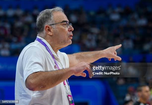 Head coach of Qatar ATHANASIOS Skourtopoulos in action during the Men's Basketball Preliminary Round Group D match between Japan and Qatar at the...