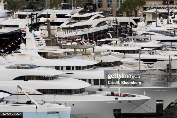 Luxury yachts in the harbor ahead of the Monaco Yacht Show at Port Hercules in Monaco, on Tuesday, Sept. 26, 2023. The show runs from Sept. 27-30....
