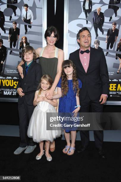 Actors Sunrise Coigney and Mark Ruffalo with children Keen Ruffalo, Odette Ruffalo and Bella Noche Ruffalo attend the 'Now You See Me' premiere at...