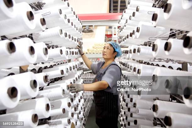 Worker works on a production line at a packaging company in Lianyungang city, East China's Jiangsu province, Sept 27, 2023. On the same day, the...