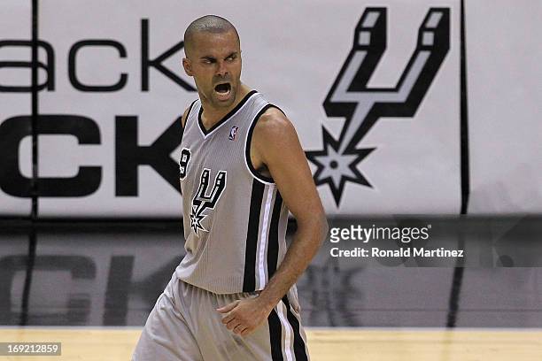 Tony Parker of the San Antonio Spurs reacts in the second half against the Memphis Grizzlies during Game Two of the Western Conference Finals of the...