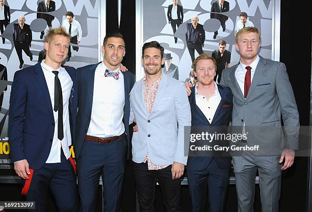 Professional soccer players Brek Shea, Geoff Cameron, Heath Pearce, Dax McCarty, and Ryan Meara attends the 'Now You See Me' premiere at AMC Lincoln...