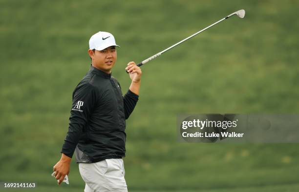 Tom Kim of South Korea looks on during the Pro-Am prior to the Cazoo Open de France at Le Golf National on September 20, 2023 in Paris, France.