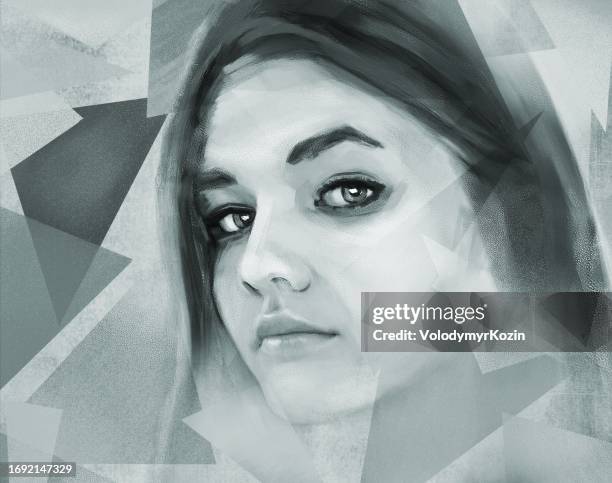 artistic female portrait on the background of a geometric pattern - skin drawing stock illustrations
