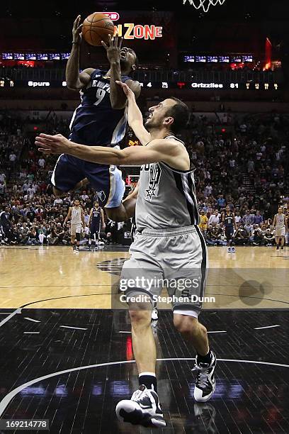 Tony Allen of the Memphis Grizzlies falls to the court after he drew a flagrant foul from Manu Ginobili of the San Antonio Spurs in the fourth...