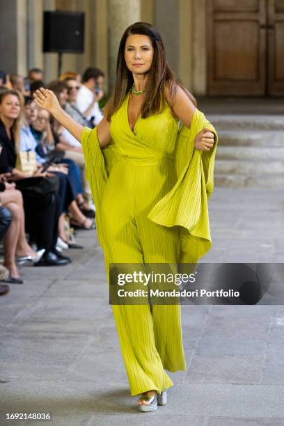 Italian showgirl, educator and actress Susanna Messaggio during the Martino Midali fashion show at Milan Women's Fashion Week Spring/Summer 2024....