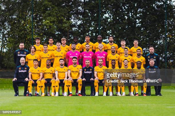 Wolves players and staff during the Wolverhampton Wanderers 2023/24 Squad Photo at The Sir Jack Hayward Training Ground on September 18, 2023 in...
