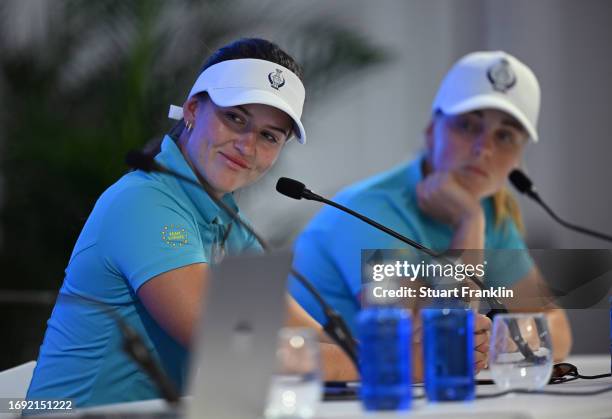 Linn Grant and Maja Stark of Team Europe talk with the media during a press conference prior to the The Solheim Cup at Finca Cortesin Golf Club on...
