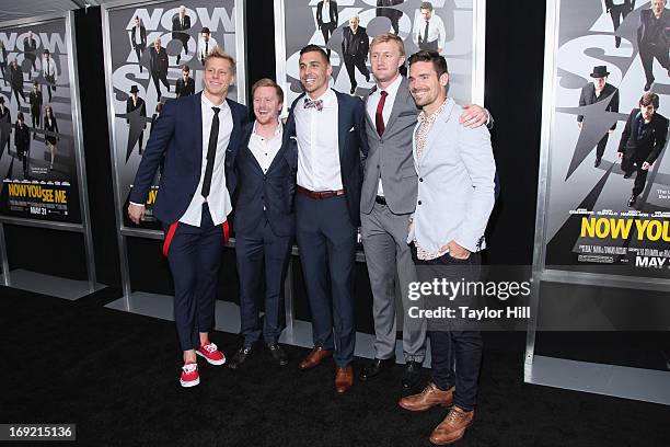 Professional soccer players Brek Shea, Geoff Cameron, Heath Pearce, Dax McCarty, and Ryan Meara attend the 'Now You See Me' premiere at AMC Lincoln...