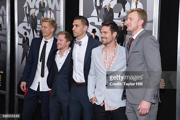 Professional soccer players Brek Shea, Geoff Cameron, Heath Pearce, Dax McCarty, and Ryan Meara attend the 'Now You See Me' premiere at AMC Lincoln...