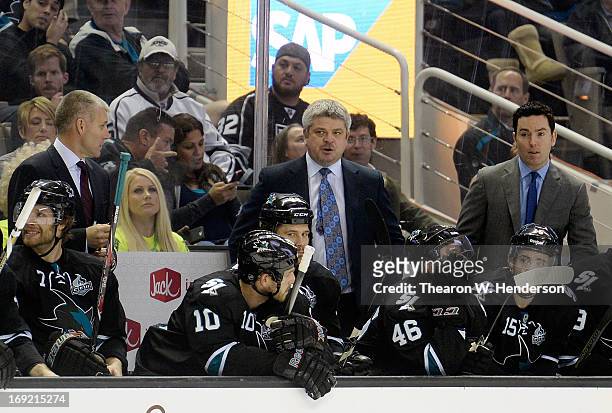 Head Coach Todd McLellan of the San Jose Sharks looks on from the bench against the Los Angeles Kings in the third period in Game Four of the Western...
