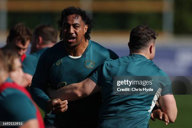 Pone Fa'amausili during a Wallabies training session ahead of the Rugby World Cup France 2023, at Stade Roger Baudras on September 20, 2023 in...