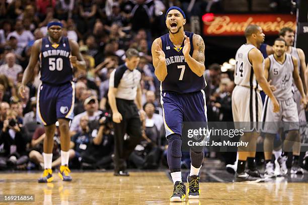 Jerryd Bayless of the Memphis Grizzlies celebrates after teammate Zach Randolph made a layup and drew a foul, leading to a three-point play late in...