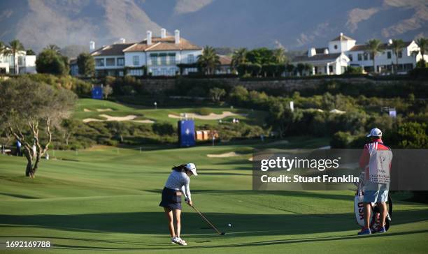 Rose Zhang of Team USA plays a shot during practice prior to the The Solheim Cup at Finca Cortesin Golf Club on September 20, 2023 in Casares, Spain.